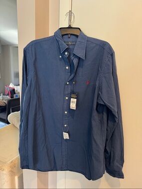 Polo by Ralph Lauren Men's Blue Button-Down Shirt with Red Pony